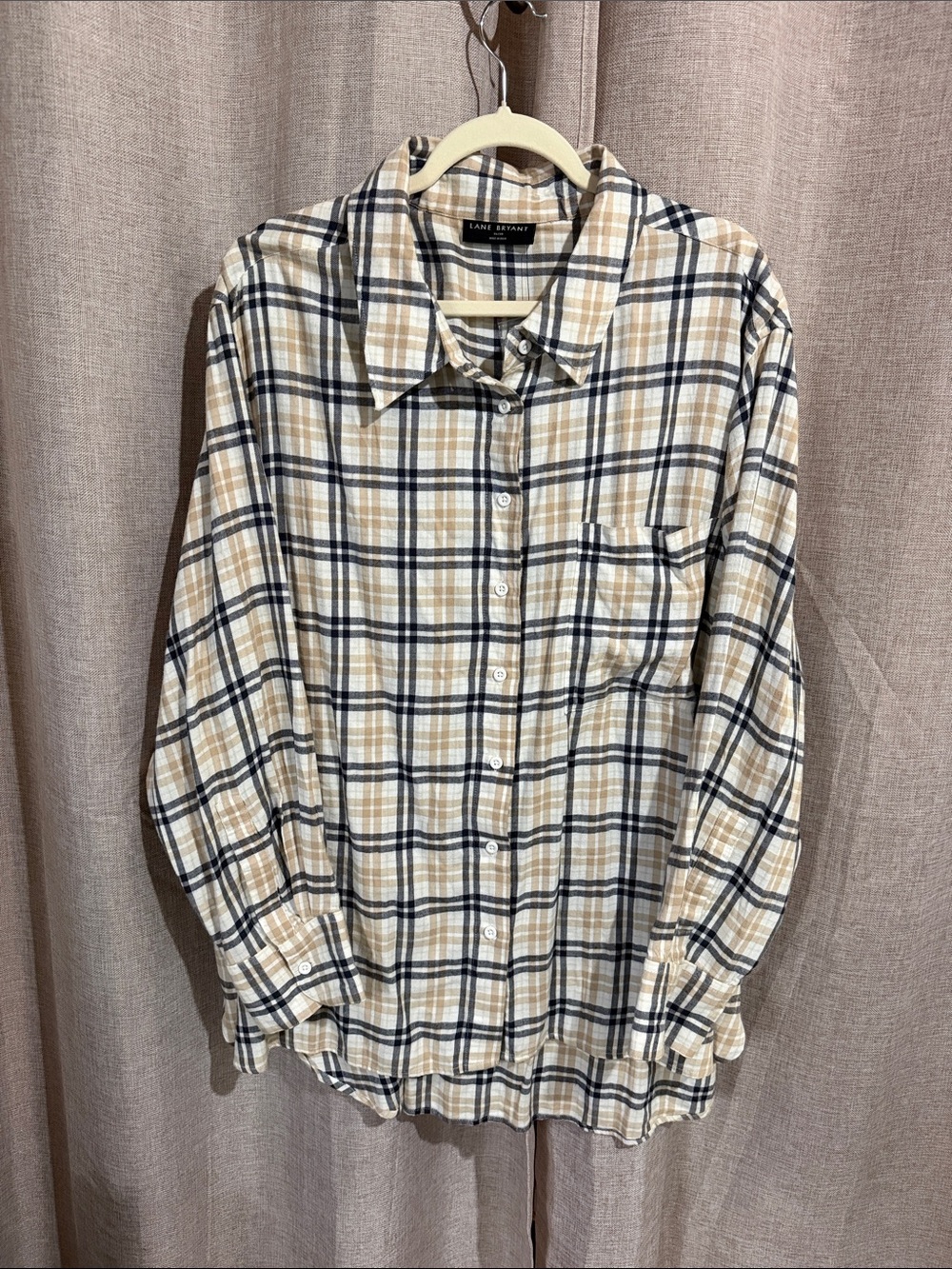 Lane Bryant Beige and Black Plaid Button-Down Shirt